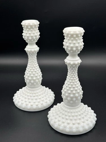Fenton Hobnail Candlesticks White Milk Glass Tall 9" Pair/Candle Holders VTG