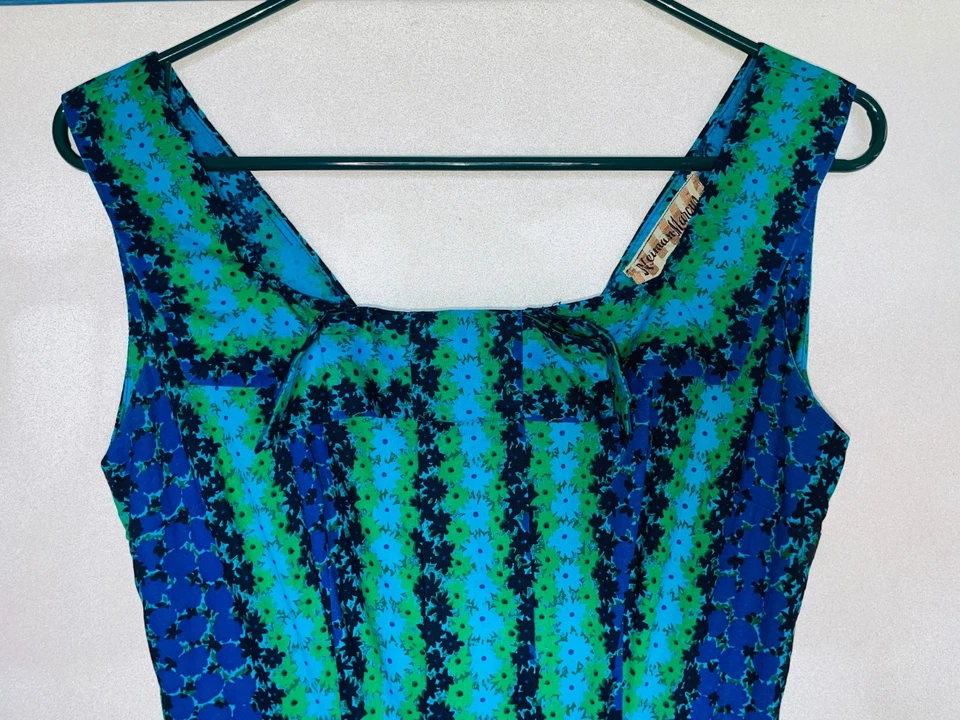 Vestido Midi Feminino Neiman Marcus Boho Sem Mangas Vintage Floral Laço Azul Verde - Imagem 3 de 4