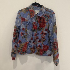 Coldwater Creek Large Linen Rayon Jacket Blue Floral Button Front