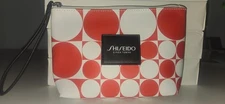 New Shseido Makeup Bag Red+White Circle/Square Print - Sturdy Faux Leather