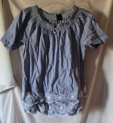Women's New Directions Weekend Shirt S Pullover Blue Short Sleeve Scallop Hem