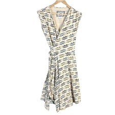 Effie’s Heart Wrap Dress Small Cream Trolley Print V-Neck Tie Waist Retro A-Line