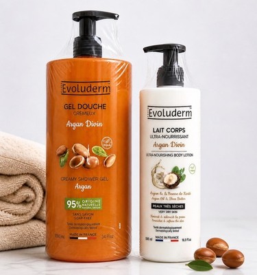Evoluderm Argan Oil Spa Set For Dry Skin Body Wash 1L & Lotion - From France