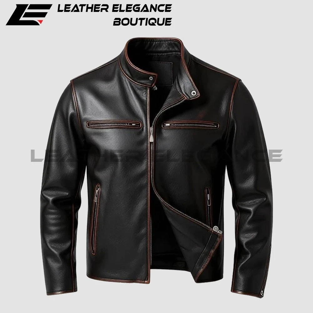 Men’s Cafe Racer Motorcycle Jacket–Distressed Buffalo Hide Leather Biker Jacket