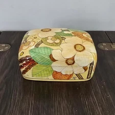 Vtg 70s Fetco Trinket Box Beige Floral Lacquered Paper Mache Cottagecore