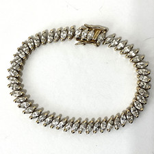 Vtg SETA Marquis Cubic Zirconia Tennis Bracelet Gold Over Sterling Silver Signed