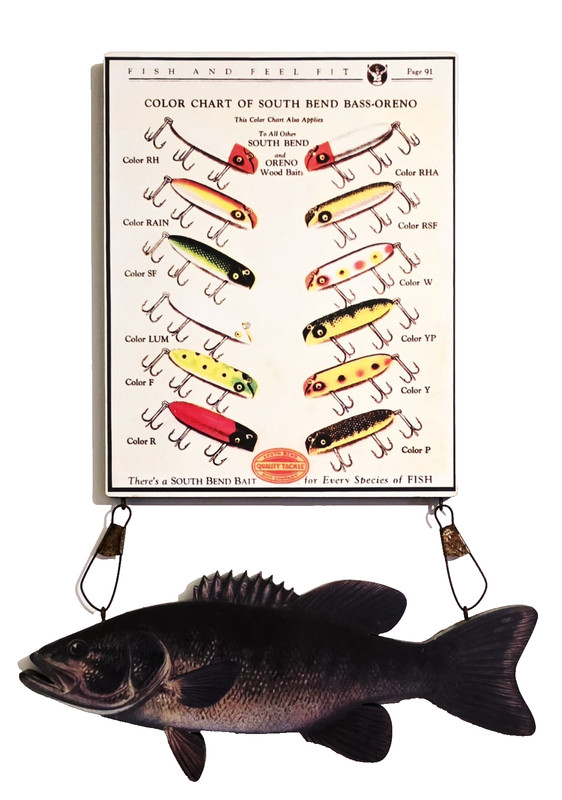 Color Chart of SOUTH BEND Bass-O-Reno Lures Sign with 16" Small mouth Bass
