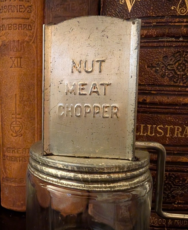 Antique Nut Meat Chopper With Glass Jar Vintage Kitchen Gadget Collectible.