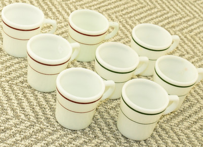 (Lot of 8) - Pyrex Corning Red / Green Striped Restaurant Mugs Milk Glass 709-2