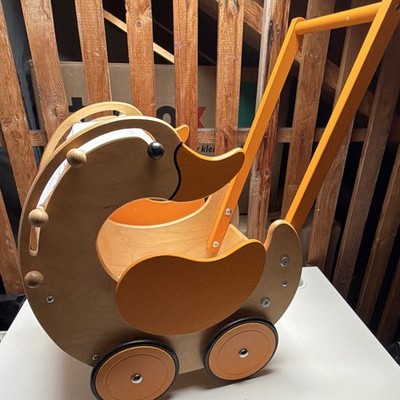 Holz Puppenwagen Entenform natur/orange mit Stoffverdeck für Babypuppen