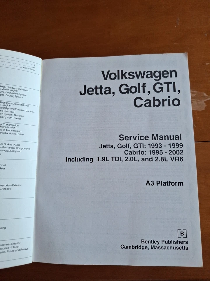 Volkswagen, Jett, Golf, GTI, Cabriolet manual de servicio 1993 a 1999 Foto 3 de 4