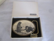 Vintage BARLOW Grizzly Bears Fish Scrimshaw Style Solid Brass Buckle Vintage USA