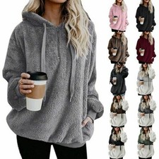 Women Plain Fuzzy Fleece Hoodie with Pocket Pullover Cozy Sweatshirt Winter Top