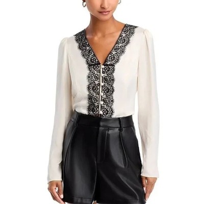 French Connection Women's Top Sz 6 Ennis Satin Long-Sleeve Black Lace Blouse