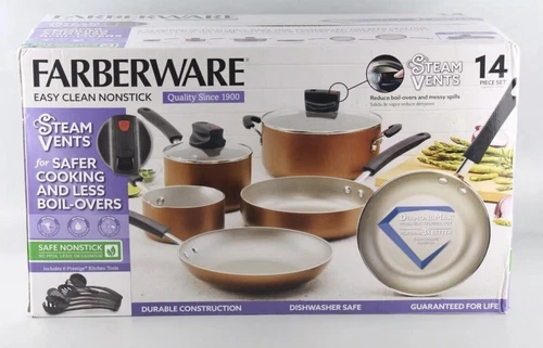 Farberware 14 Piece Easy Clean Nonstick Pots & Pans Set Cookware Steam Vents
