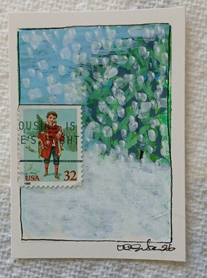 #ad #ad Postal Whimsy™ Original ACEO 1995 32¢ Folk Art Winter Stamp Tempera Watercolor $6.99
