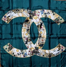 CHANEL Scarf Square Coco Mark Green 100% Silk Large Size