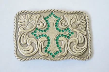Wholesale Lot 50 Enmon Engraved Green Rhinestone Cross Western Belt Buckle