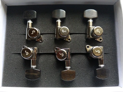 Schaller M6 Locking Tuners 135° 6 Left Ruthenium Small Ebony Buttons