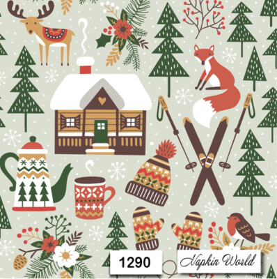 (1290) TWO Individual Paper LUNCHEON Decoupage Napkins - CABIN WINTER ANIMALS 