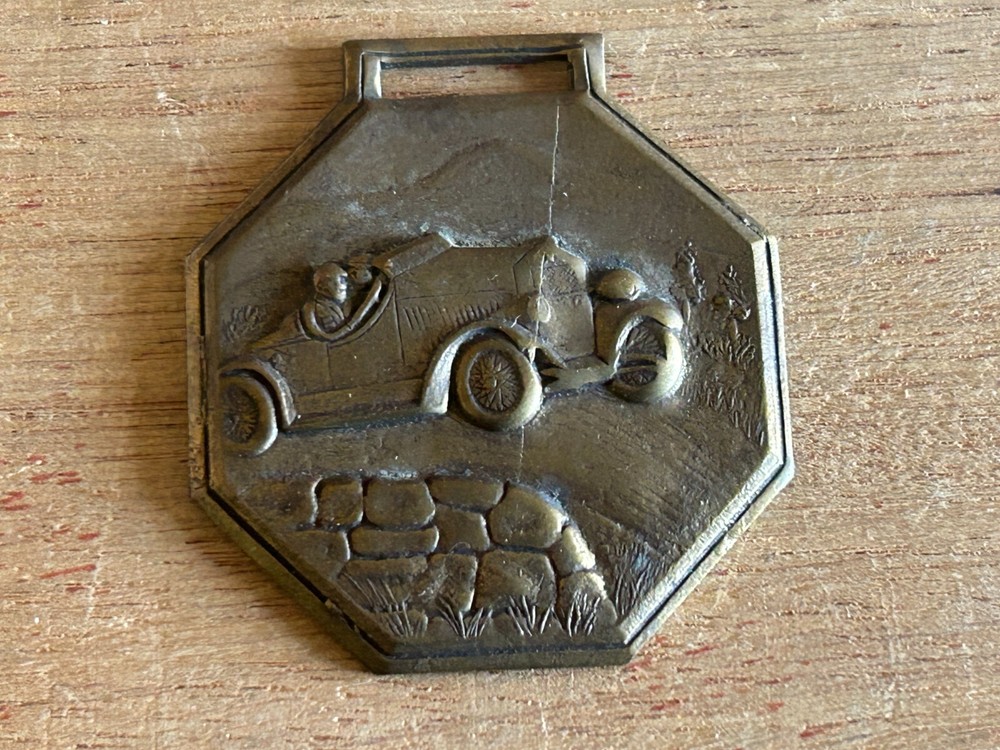 Race Car Watch FOB Auto Racing Speedster Brass Tone Pressed Embossed Antique Vtg