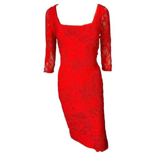 Open Knit Crochet Mesh Red Midi Dress 