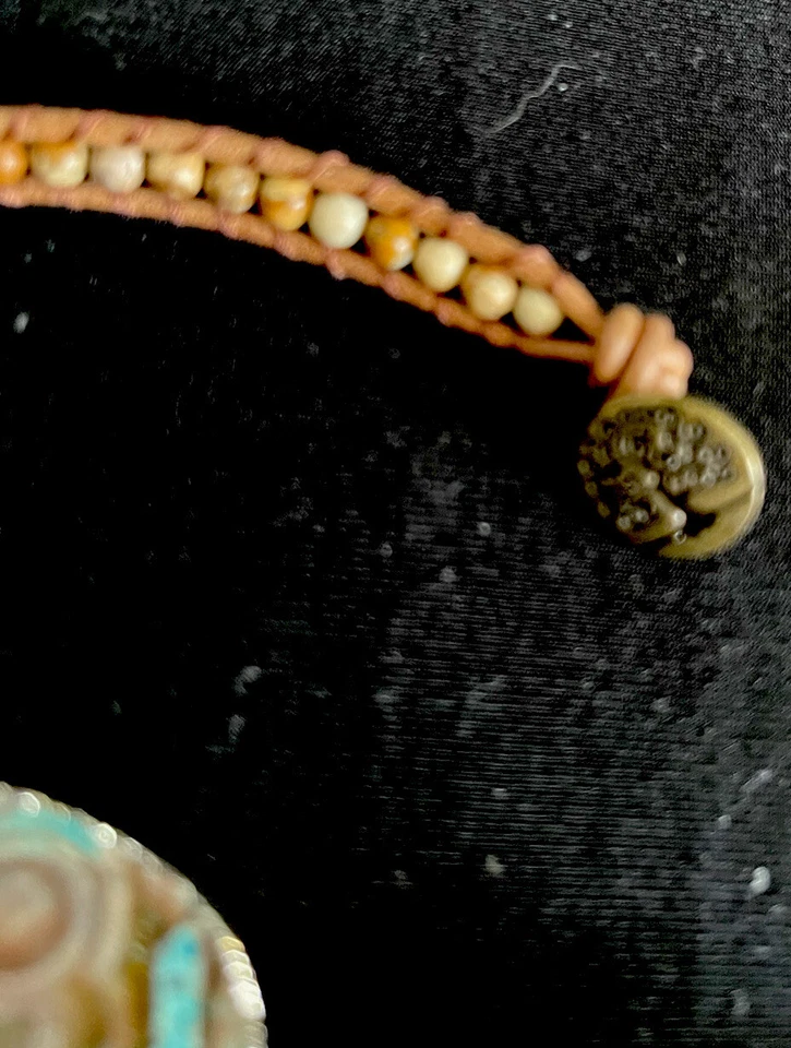 34-36", drop  Multi-Gemstone Bead Leather Necklace w SILVERTONE Hammered Pendant - Image 4 of 4