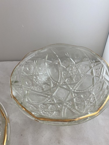 MCKEE Glass TOLTEC Prescut Clear Bowl Set Hobstar & Arches Gold Trim 8 1/4" - Picture 2 of 12