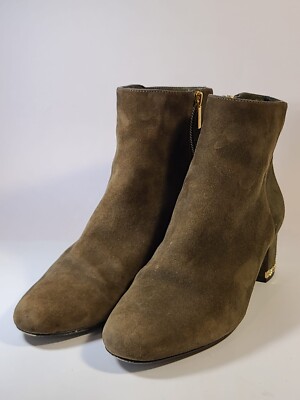 Michael Kors Women's 9.5M Suede Brown Gold Trim Block Heel Ankle Booties Boots 