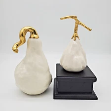 VTG Ceramic SCULPTURE Gourds Pair By MAGENTA STUDIO B, White Glaze  Gold Leaf