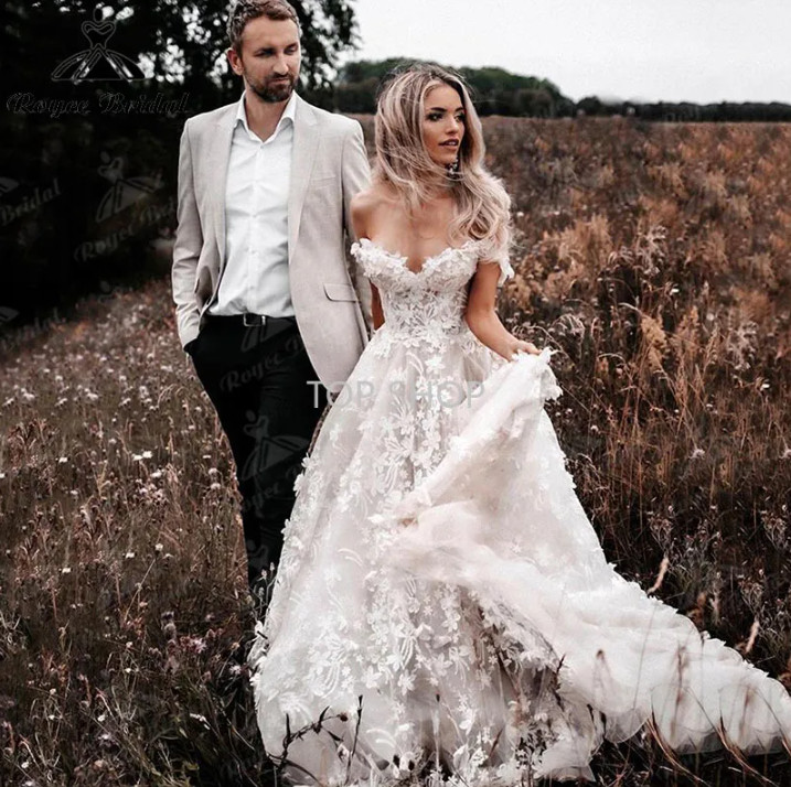 Sweetheart A-Line Wedding Dresses Off Shoulder Cap Sleeves Lace 3D Floral  Gowns | eBay