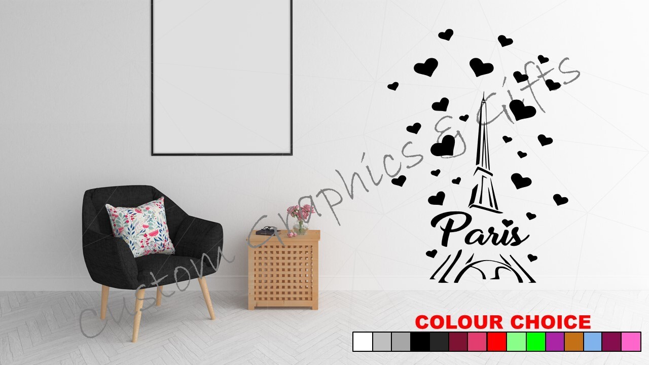 Paris Eiffel Tower Love Hearts Vinyl Wall Art Decal A173 France Sticker-image