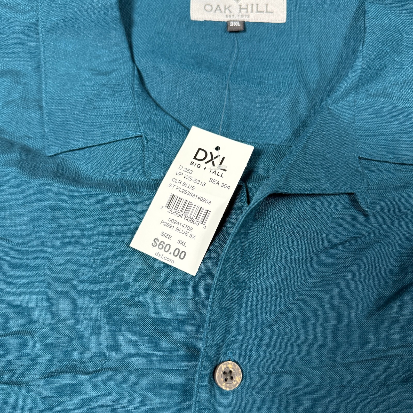 Oak Hill Shirt Mens 3XL Blue Embroidered Linen Blend Button Down Short Sleeve