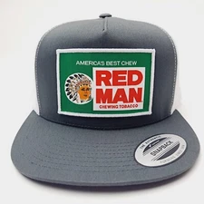 Red Man Woven Patch Flat Bill Mesh Snapback  Cap Hat Gray & White 