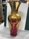 Vintage Cranberry/Gold Bohemian Murano Venetian Art Glass Hand Painted 13 “