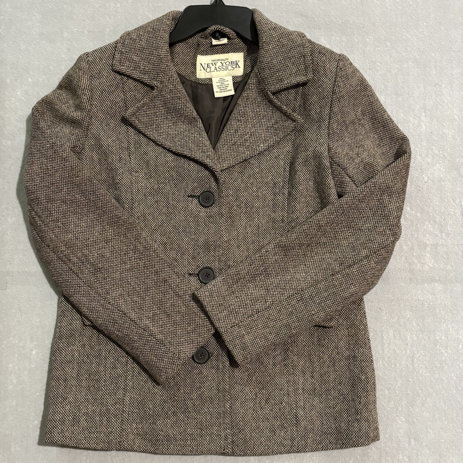 NY CLASSICS Coat Women Sz M Brown Wool Tweed Cozy Metropolitan Lined Pea Coat