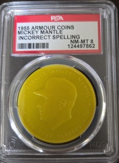 1955 Armour Coin Mickey Mantle Mantel InCorrect Lemon Yellow Psa 8