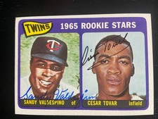 Cesar Tovar Autographed  1966 Topps Baseball ROOKIE Card #201 Twins w/Sandy. rookie card picture