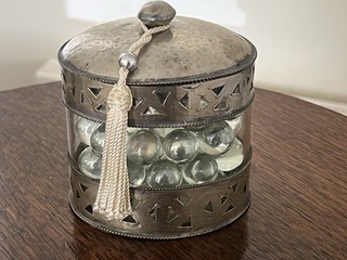 Indian Handmade Glass / Metal Lidded Dish with Glass Marbles Inside Decorative