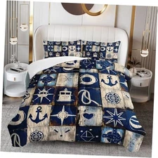 Nautical Comforter Set Size, Blue Vintage Plank Bedding Set 3pcs for Queen 008