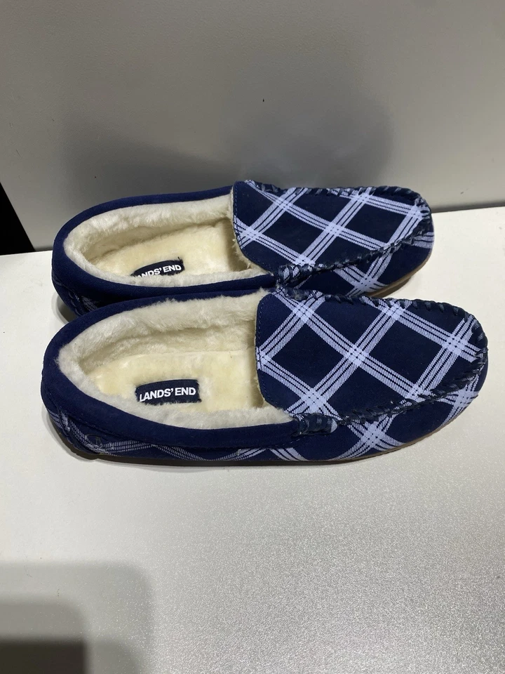 Zapatilla mocasín a cuadros azul marino LANDS' END para mujer talla 7B forrada de piel sintética nueva Foto 2 de 4
