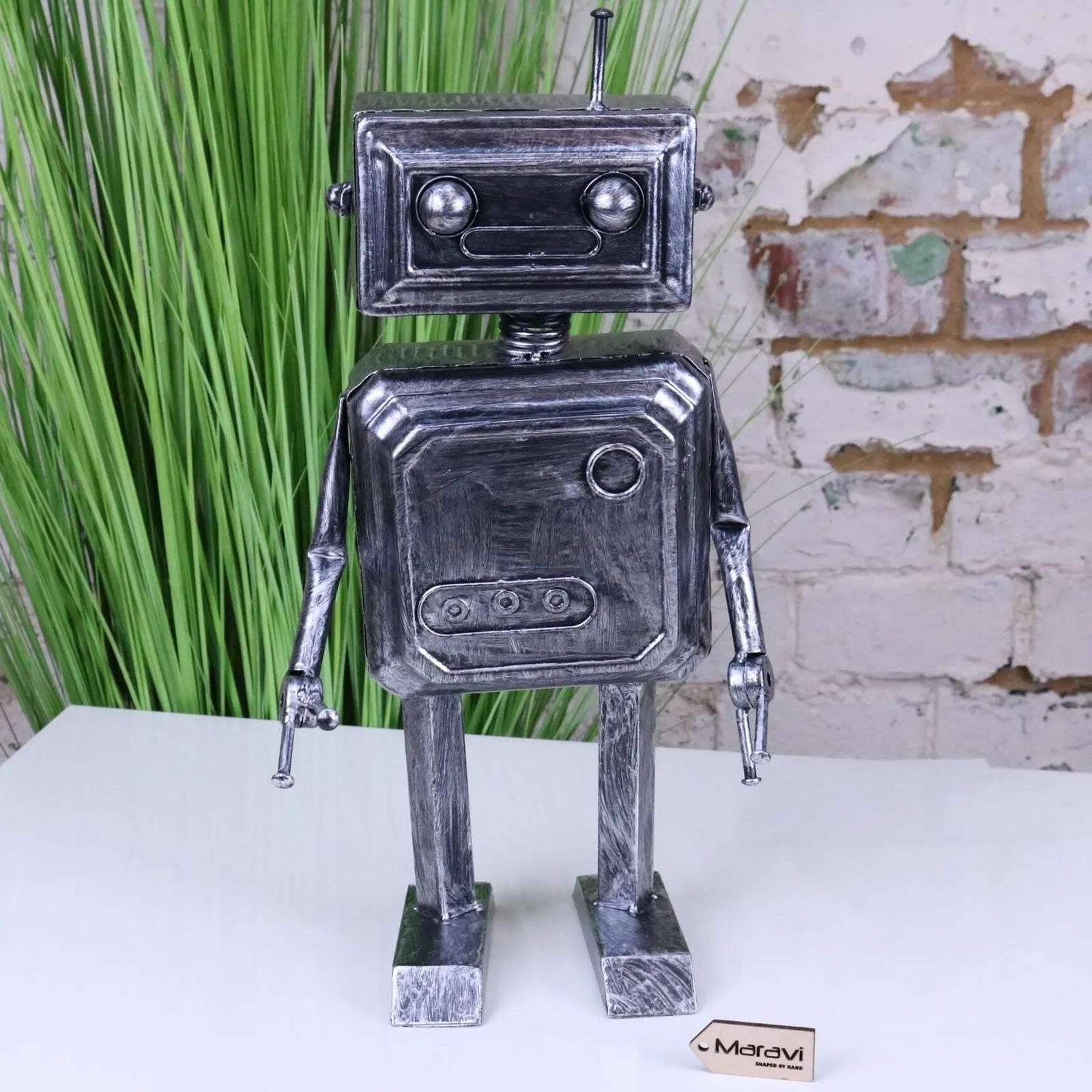 Silver Robot Ornament Springy Rectangular Bobble Head Home Decor Novelty Industr