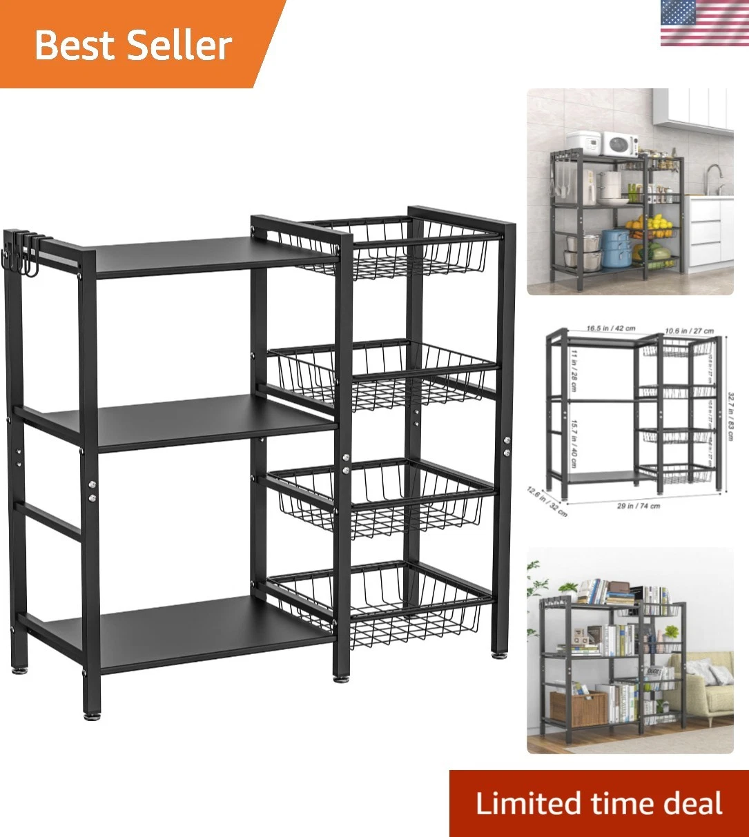 Storage Rack Kitchen Baker's Rack - 3 Tiers 4 Baskets, Utility Coffee Bar, Ai...