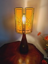 Vintage 70s Table Lamp Malacca Wood Oriental Handcrafted Mid Century Lampshade