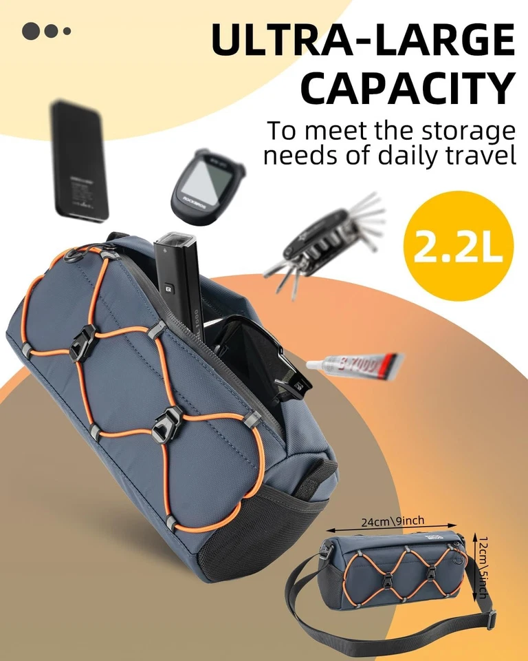 ROCKBROS Bolsa de manillar frontal para ciclismo Bolsa de cuadro de almacenamiento de bicicleta de 2,2 L y correa para el hombro Foto 2 de 4