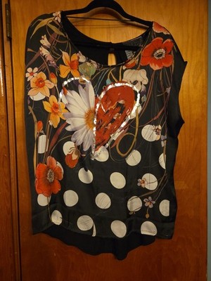 Women's Desigual XL top Polka Dot w Heart  & Flower Graphic