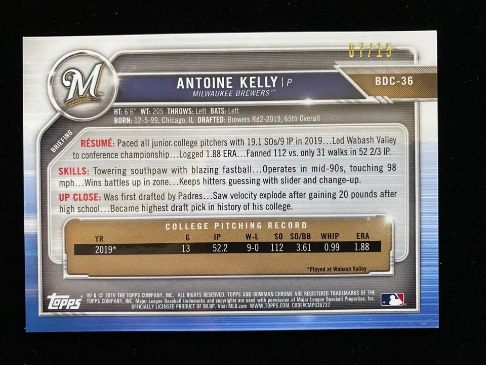 2019 Bowman Chrome Draft Sapphire ANTOINE KELLY 1st Rookie GOLD REFRACTOR #07/15 - Image 2 of 3