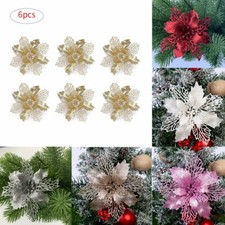 6 Pcs Glitter Christmas Poinsettia Hanging Flowers Xmas Party Tree Decoration