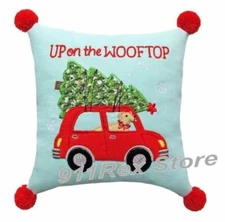 Dog Christmas Tree 'Up on the Wooftop' Small Pillow Mini Cooper Car Square New