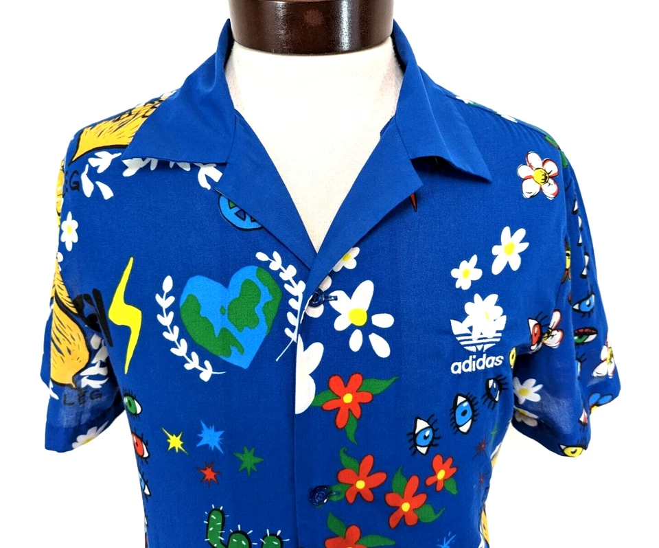 *RARE* ADIDAS Pharrell Williams Blue Floral Button Front Shirt SPIRIT Men's M * - Image 4 of 4